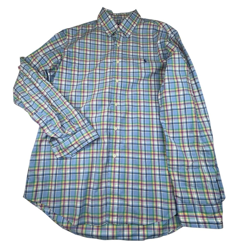 Ralph Lauren Shirt Men's Large Green 100% Cotton Plaid Preppy Casual Button Down